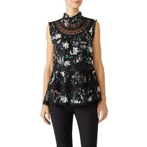 Kate Spade Botanical Chiffon Silk Top Blouse Sleeveless Floral Lace Peplum Sze S